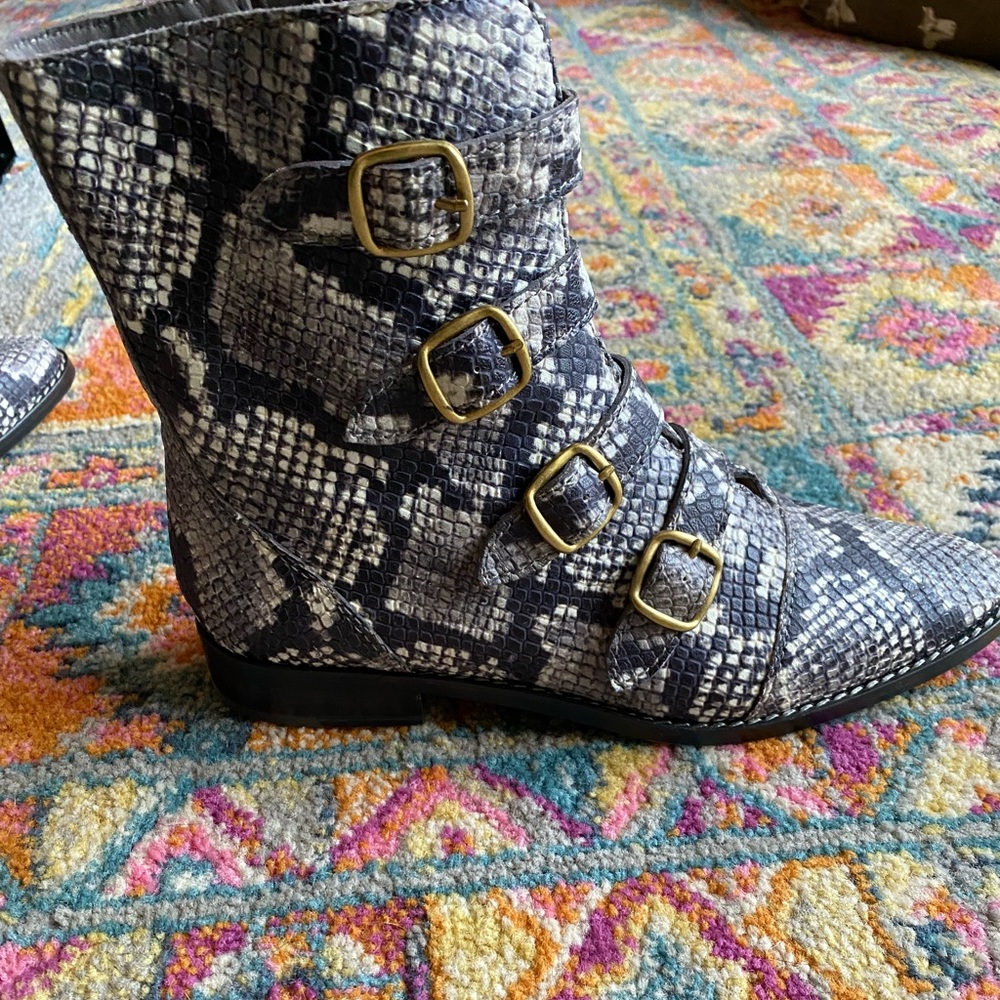 JCrew Black/white/gray snakeskin zip up bootie with brass side buckles. Worn 2x.